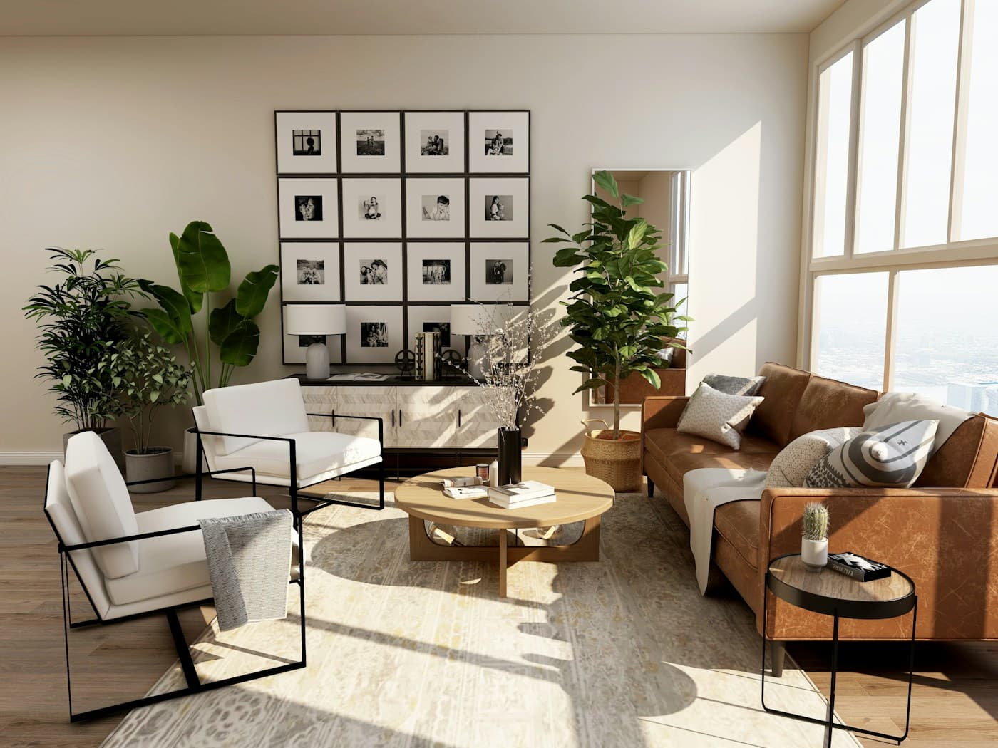 A warm, sunlit living room with natural materials and considered homeware